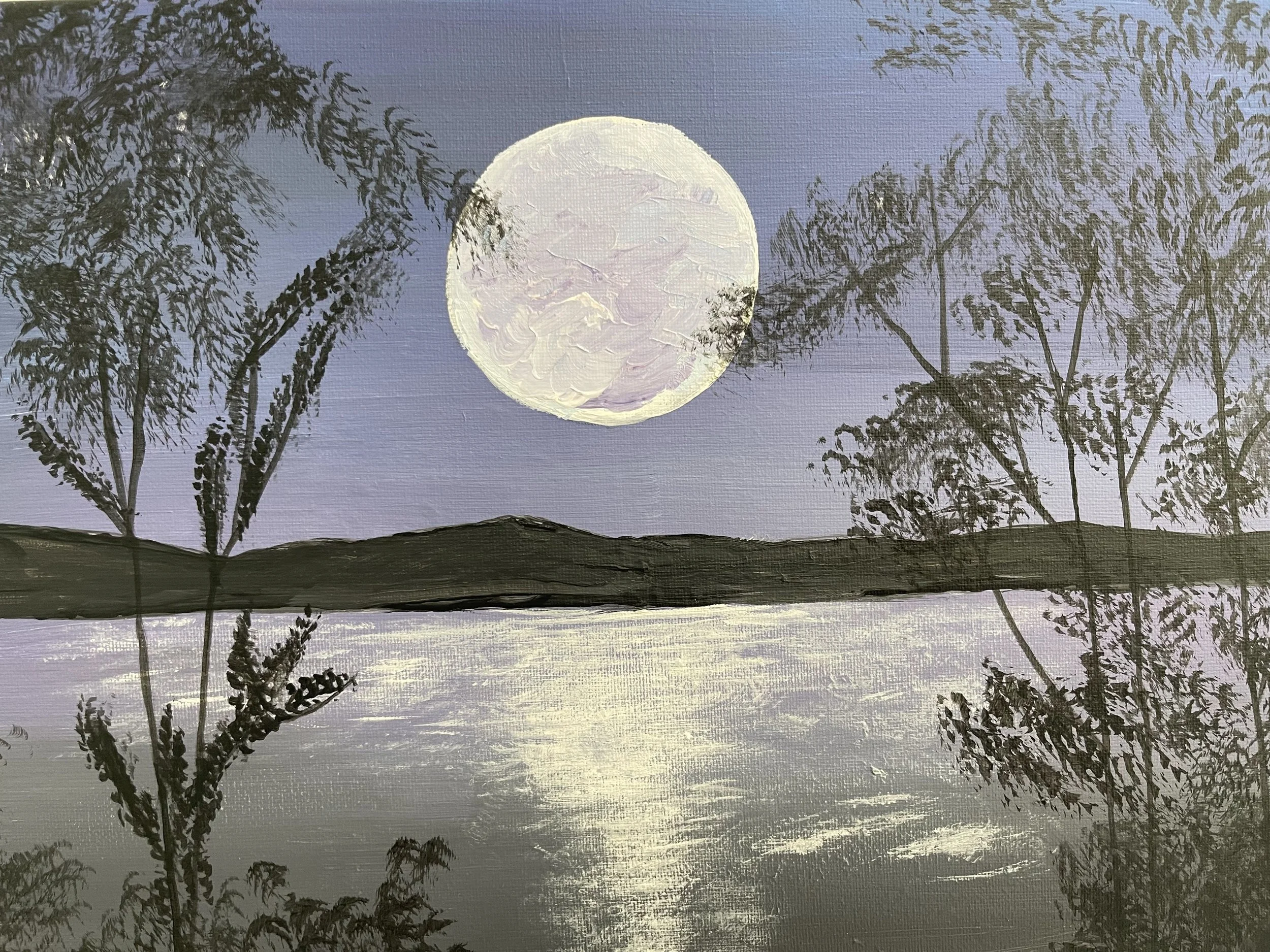 A painting of a full moon over a lake with trees and mountain silhouettes reflected in the water, in a night scene.