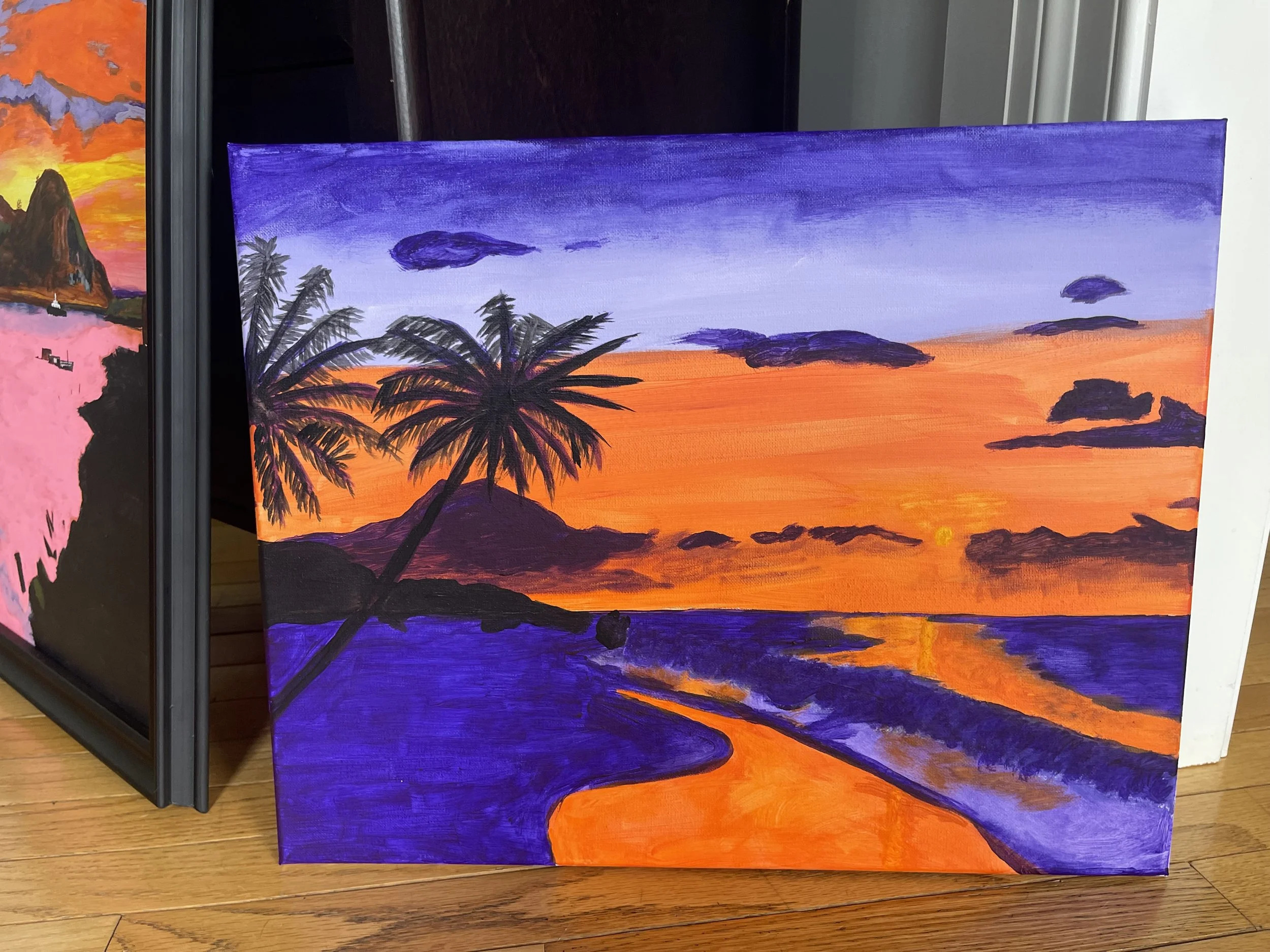 A vibrant painting of a sunset over a beach with orange and purple sky, silhouetted palm trees, and reflection of the sunset on the water.