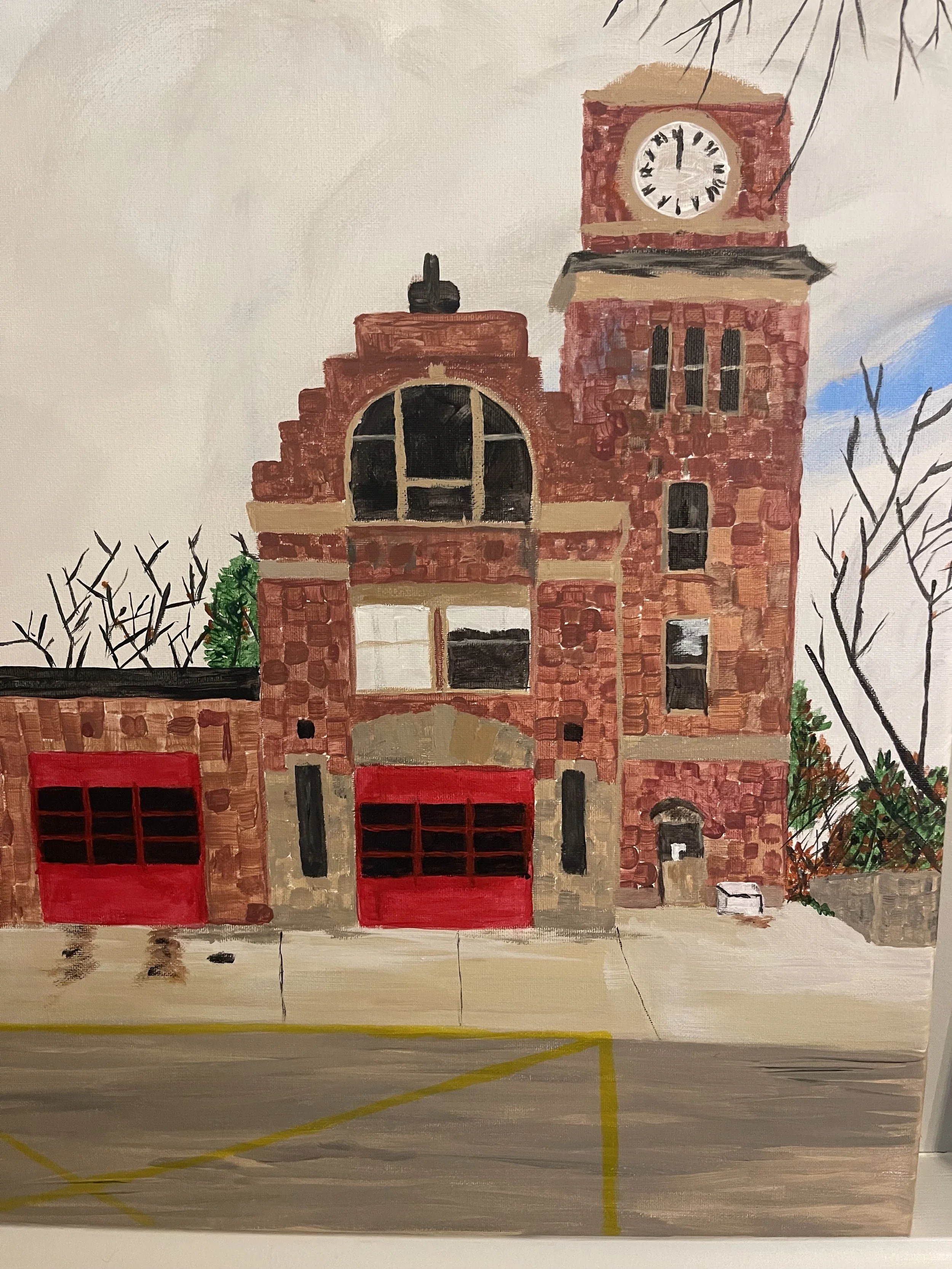Painting of a red brick fire station with a clock tower and red garage doors, with trees and a sidewalk in front.
