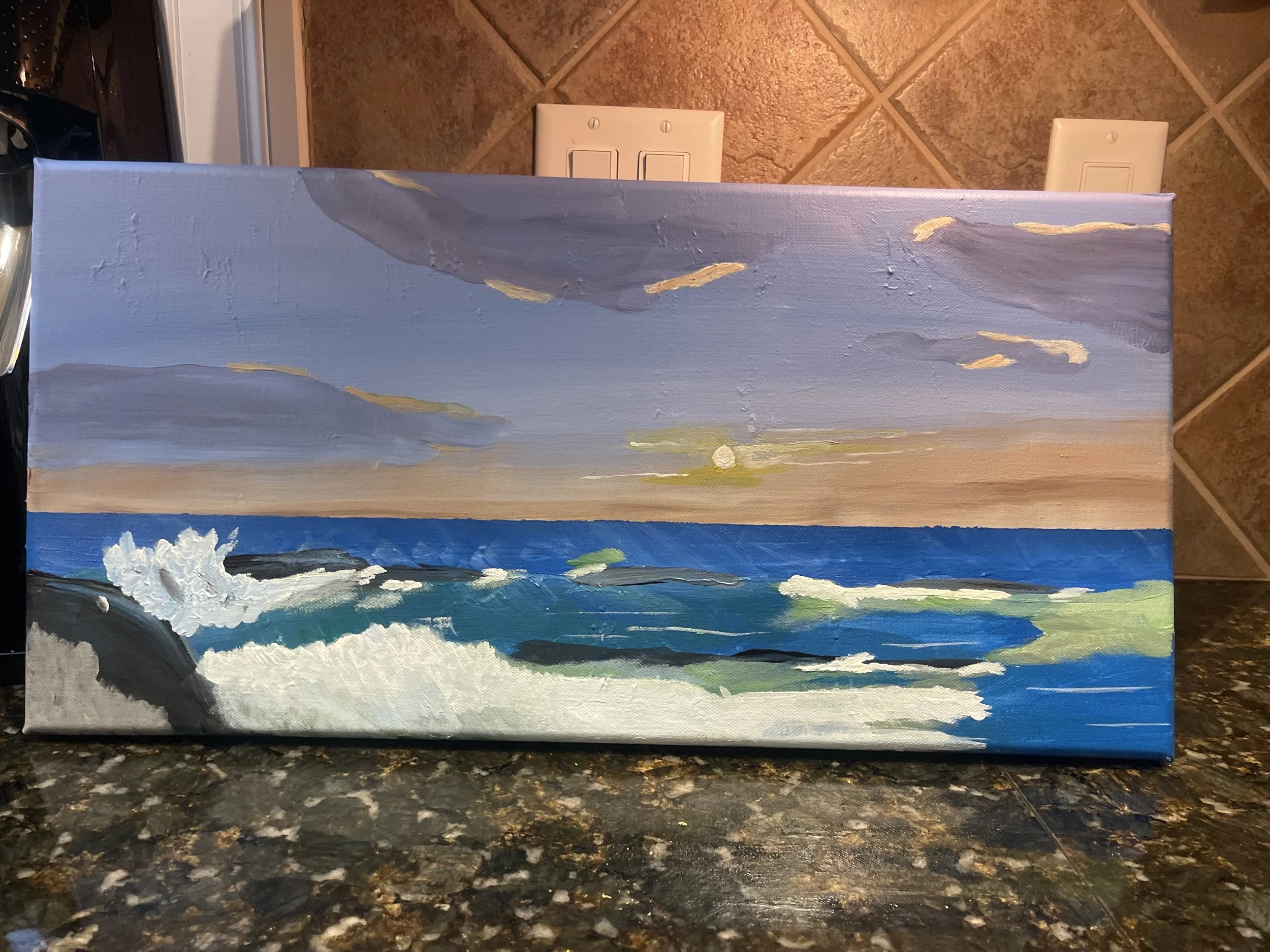 Painting of a seascape with waves crashing against rocks at sunset, with a sky filled with clouds and a partially visible setting sun.