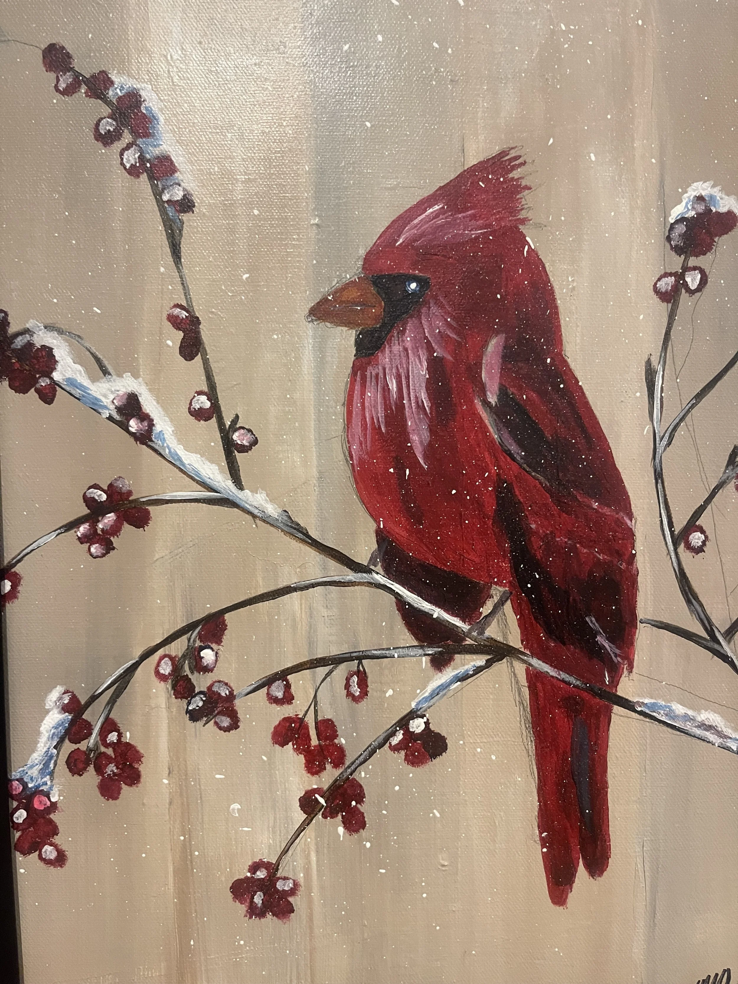 Painting of a red cardinal bird perched on a snow-dusted branch with red berries, beige background.