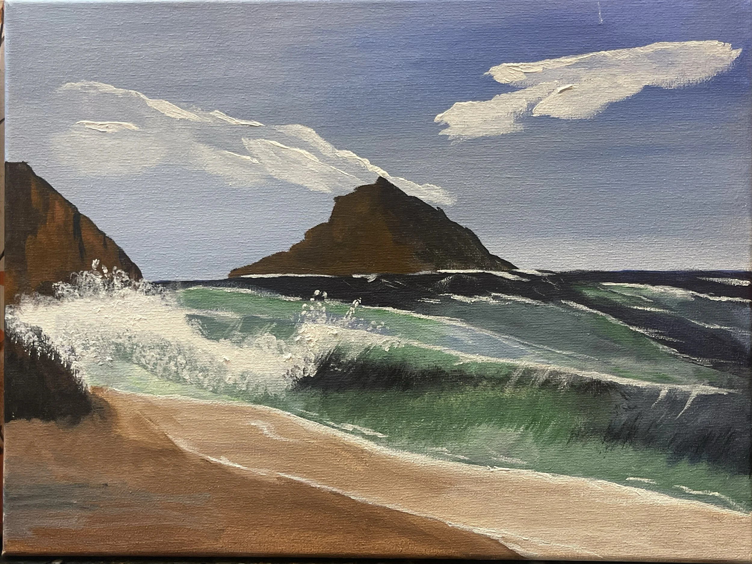 A painting of a coastal scene featuring a sandy beach, green waves crashing onto the shore, a rocky cliff on the left, and a large mountain in the background under a sky with scattered clouds.