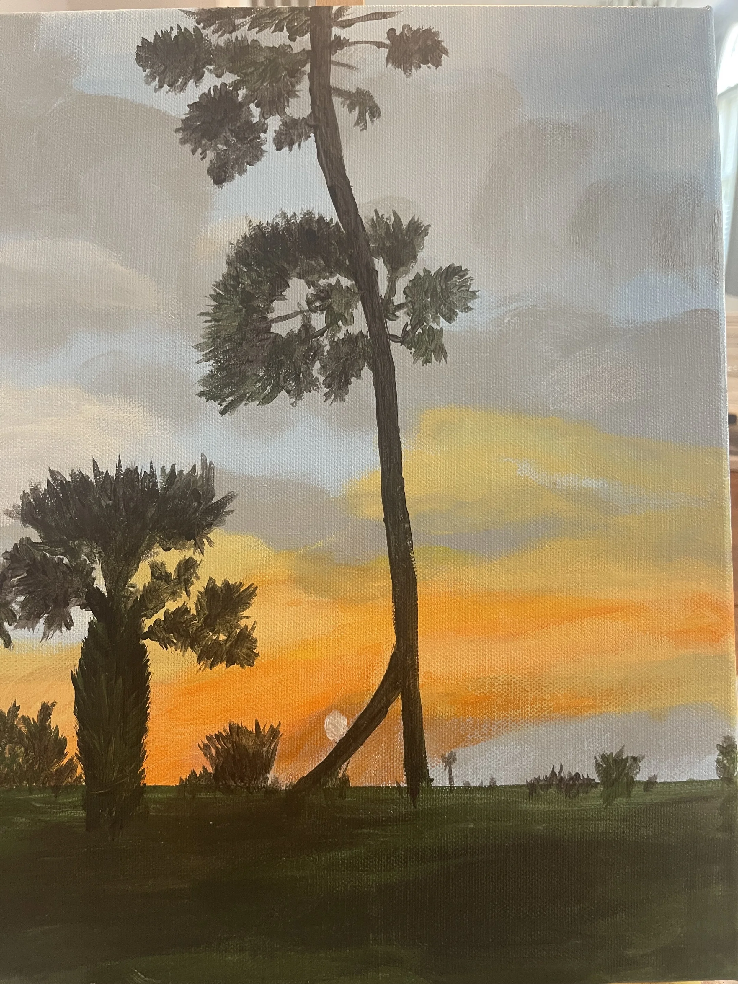 Painting of a sunset sky with gray clouds, featuring tall trees and grass silhouettes in the foreground.