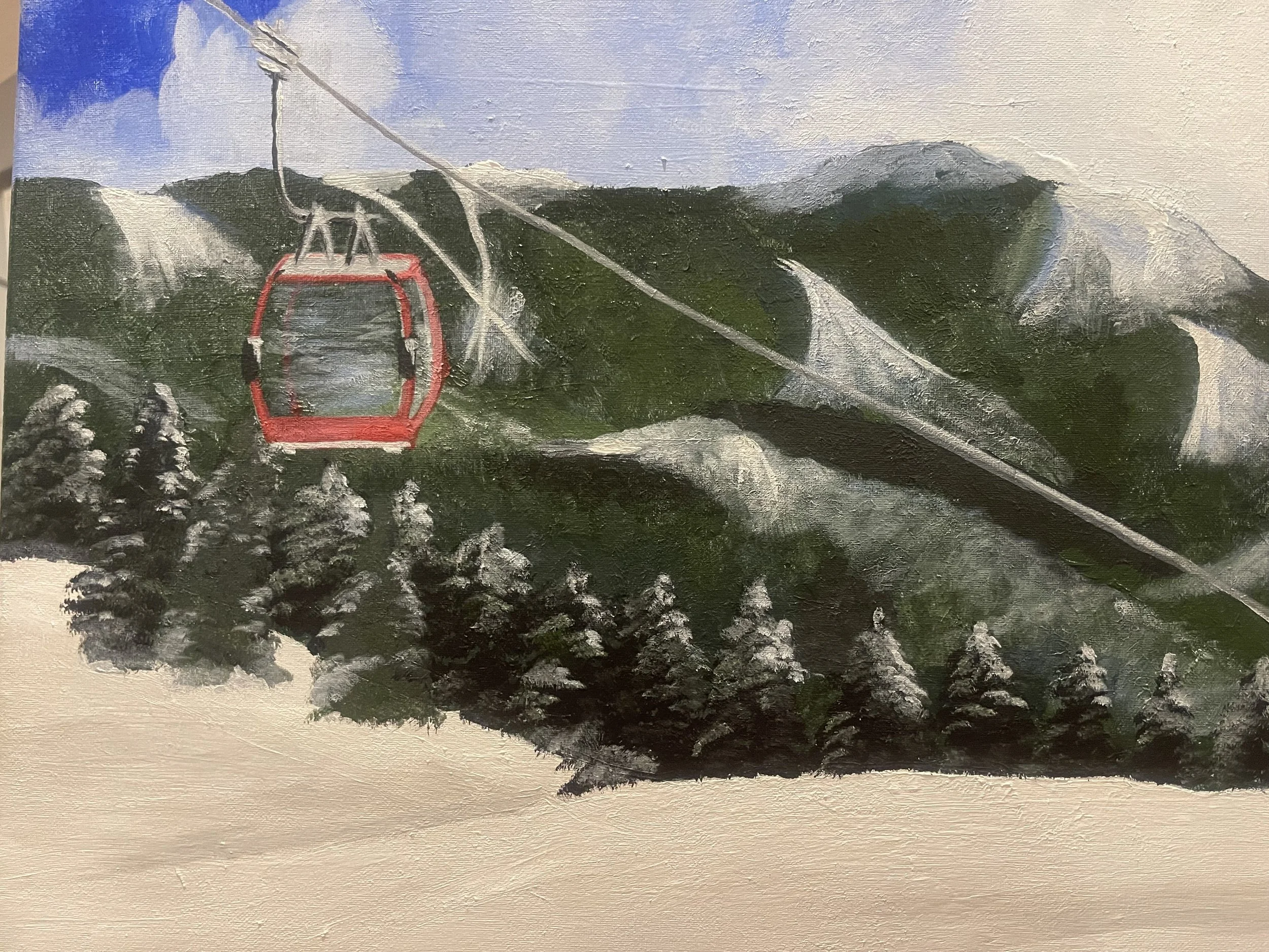A painting of a mountain landscape with a ski lift and snow-covered trees.