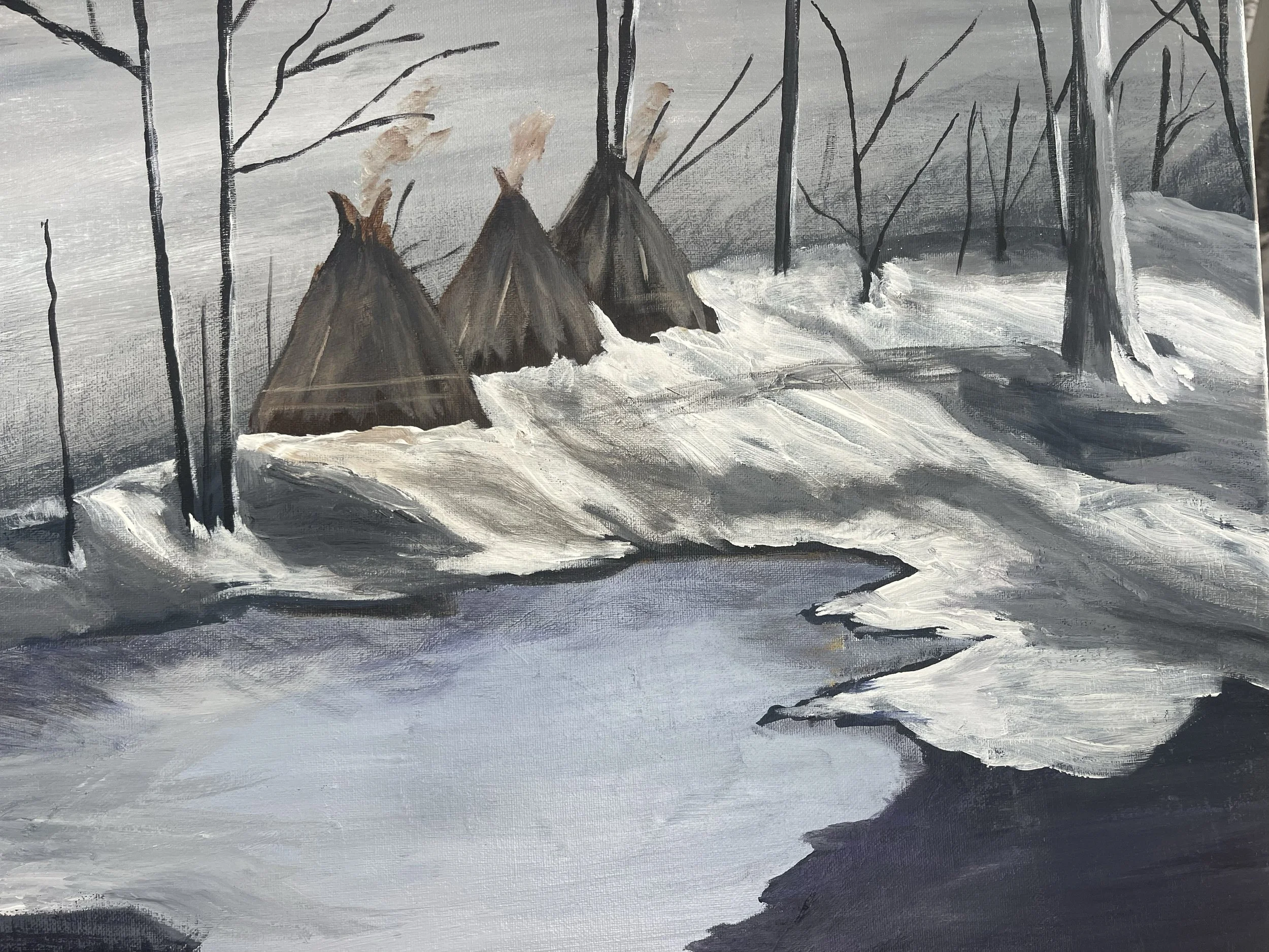A winter scene painted in black, gray, and white showing a snow-covered landscape with bare trees and three tepees near a partially frozen river.