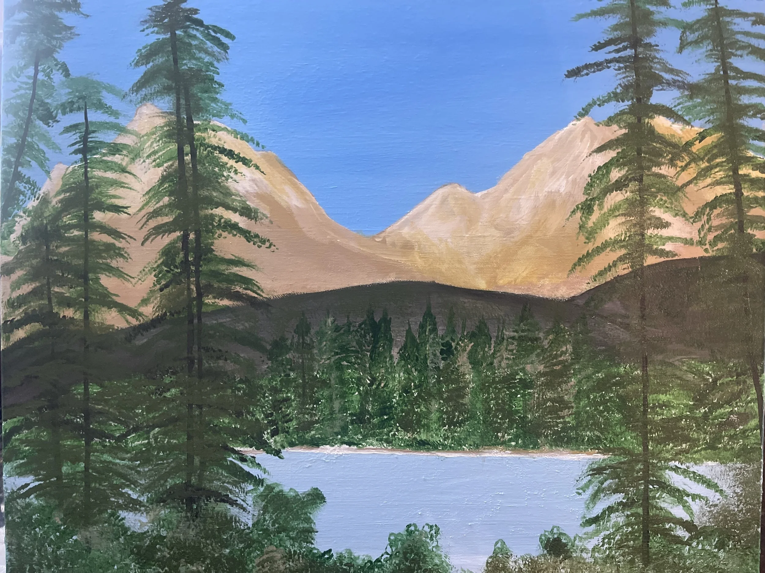 A painting of a mountain landscape with tall pine trees, a mountain range in the background, and a body of water in the foreground.