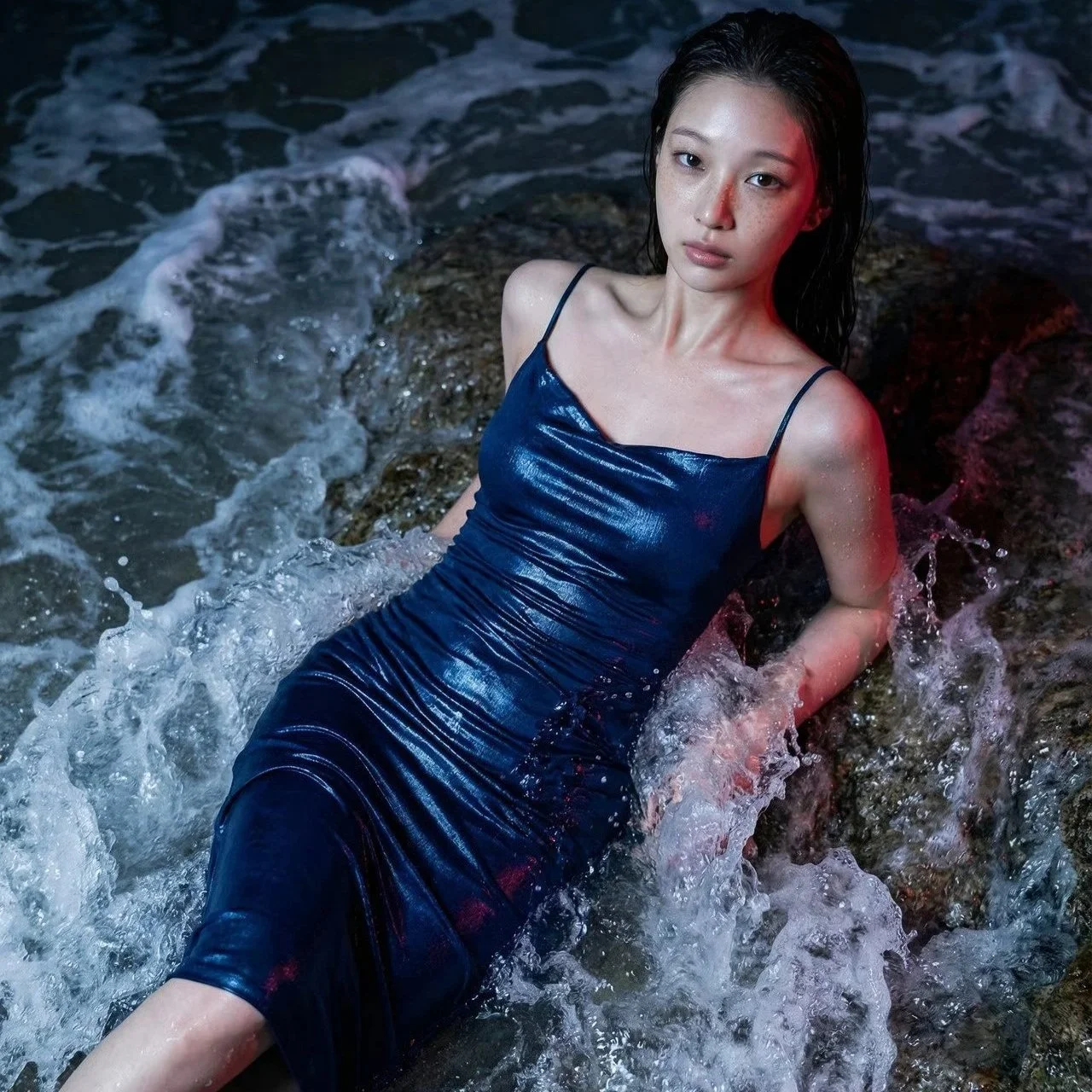 A woman in a blue satin dress lying on rocks in the water at night, with waves around her.