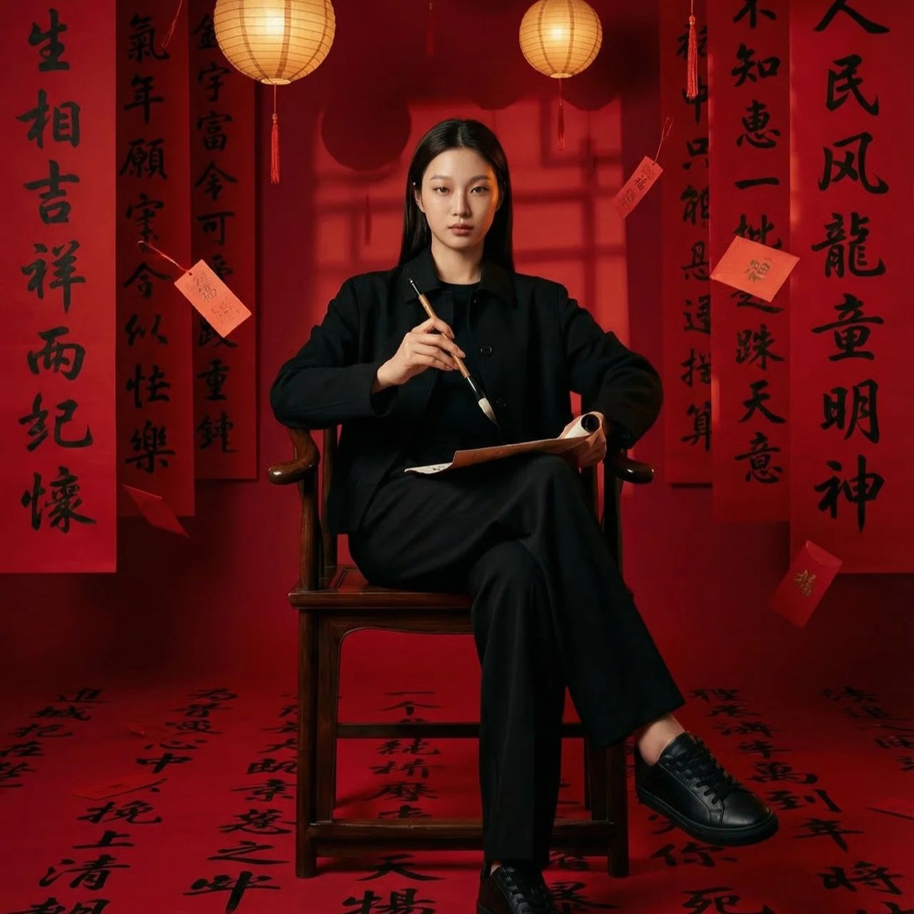 A woman dressed in black sitting on a wooden chair, holding a brush and a scroll, with red Chinese calligraphy hanging on the walls and black calligraphy on the floor, illuminated by hanging lanterns.