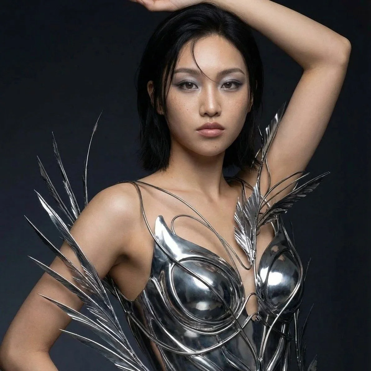 Woman with dark hair wearing a futuristic metallic silver dress with feather-like extensions, against a black background.