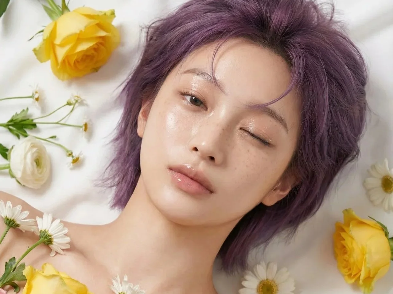 A woman with purple hair lying on a white surface, surrounded by yellow and white flowers, with her eyes closed and a peaceful expression.
