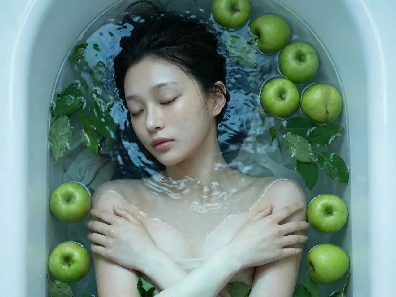 A woman with dark hair is floating in a bathtub filled with water, surrounded by green apples and leaves, with her eyes closed and arms crossed over her chest.