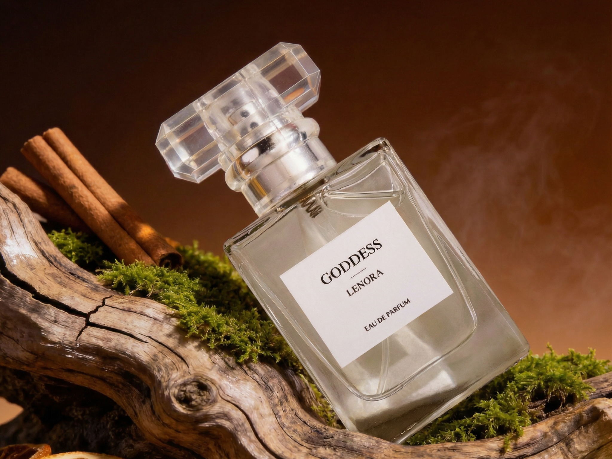 A clear glass perfume bottle labeled 'GODDESS LENORA EAU DE PARFUM' resting on a piece of weathered wood with green moss and cinnamon sticks nearby.