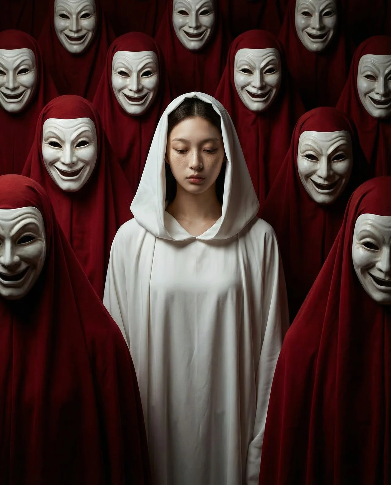 A young woman dressed in white with a hood surrounded by masked figures in red cloaks with white masks.