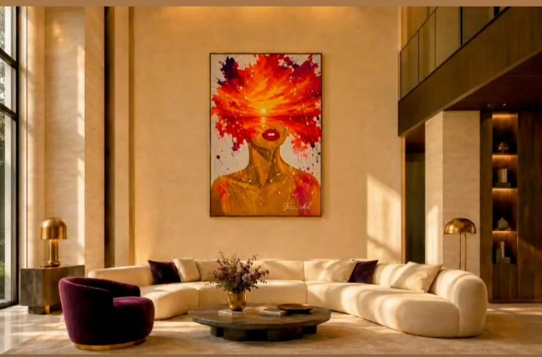 Solar Muse, an original one-of-a-kind acrylic painting by contemporary artist Tarana Sumer, 100 × 150 cm, created as a private commission.