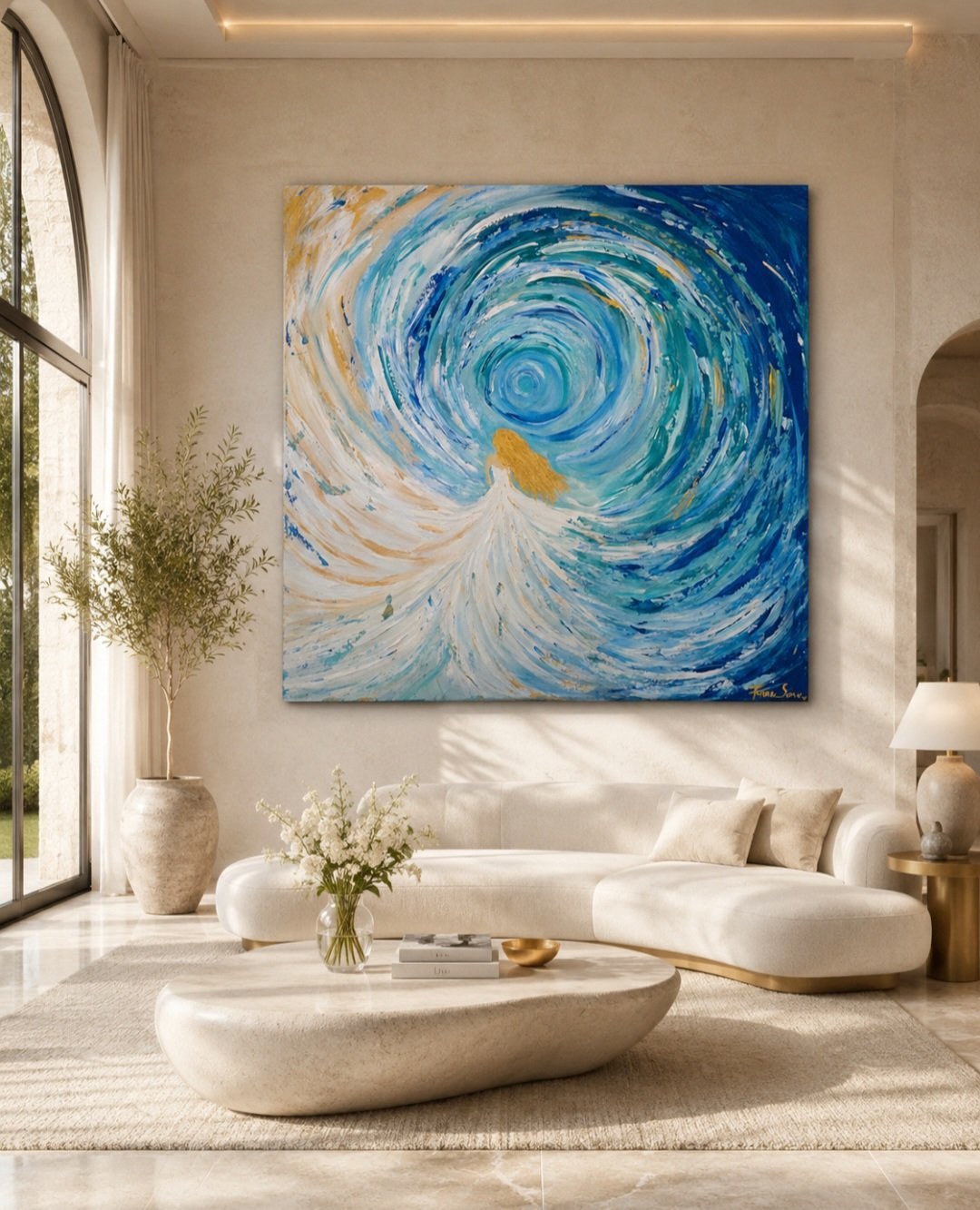 Aurelia Rising by Tarana Sumer, original 90 x 90 cm acrylic on canvas artwork displayed in a bright luxury interior.