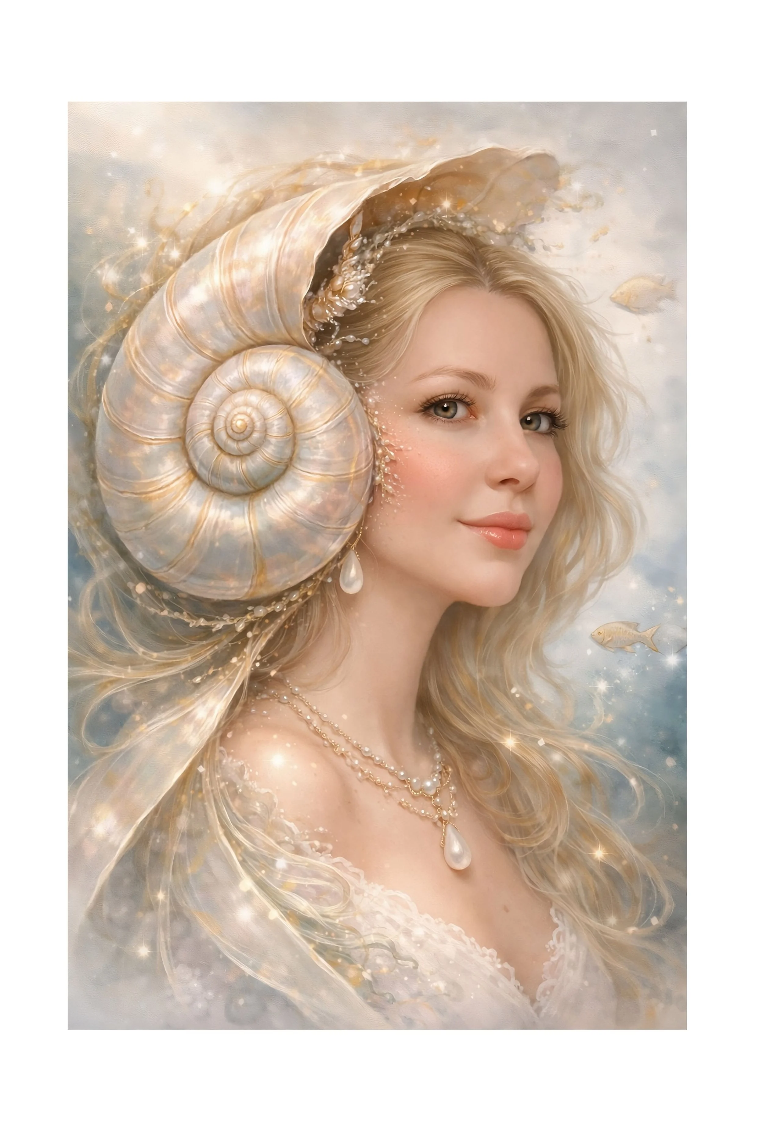 Fine art portrait of a woman with a pearl shell, soft pastel tones and luminous details, limited edition art print by Tarana Sumer