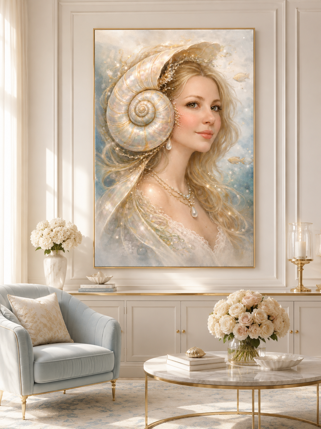 Girl with the Pearl by Tarana Sumer, limited hybrid fine art canvas print with a luminous pearl-inspired female portrait.