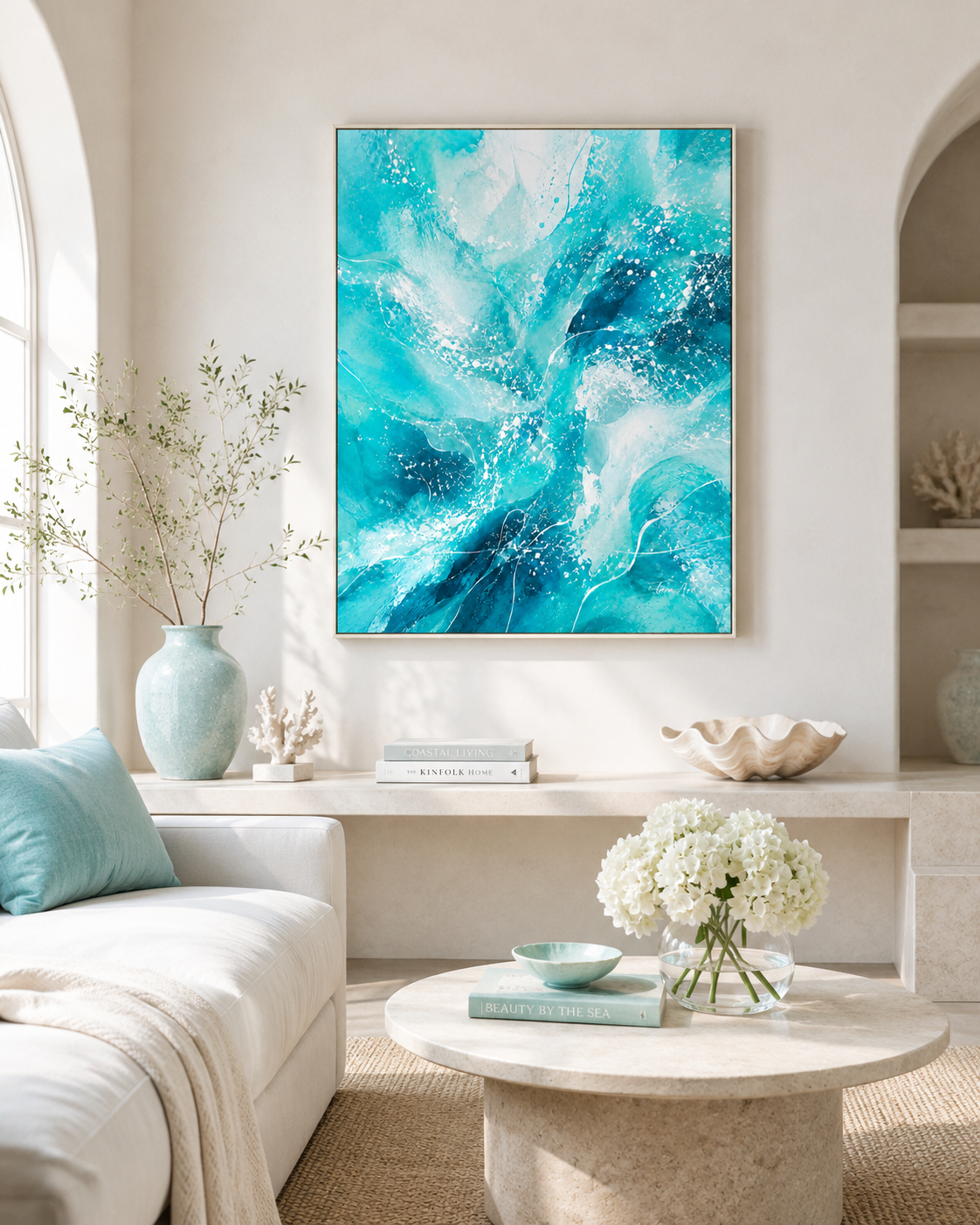 Turquoise Pulse by Tarana Sumer, original acrylic canvas artwork with turquoise abstract movement for refined interiors.