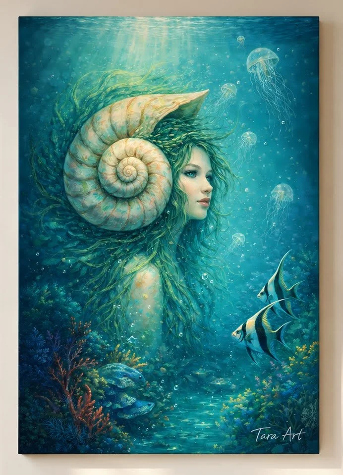 Abyssal Reverie by Tarana Sumer, limited hybrid fine art canvas print featuring a nautilus shell, turquoise underwater tones, and a luminous oceanic atmosphere for refined interiors and private collections.