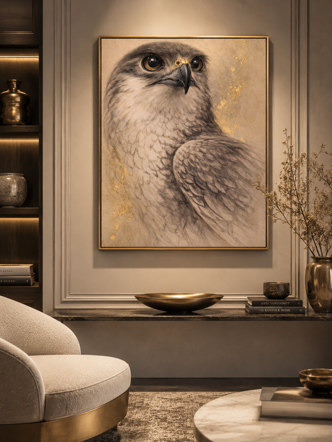 Falcon by Tarana Sumer, limited hybrid fine art canvas print with a noble falcon portrait for refined interiors.