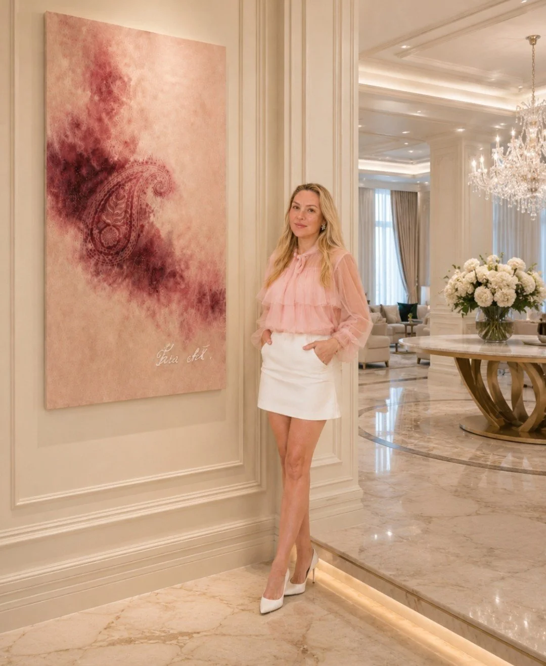 Contemporary visual artist Tarana Sumer standing beside her original artwork in an elegant interior.