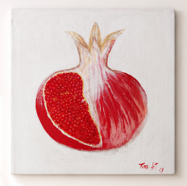 Pomegranate by Tarana Sumer, original textured acrylic canvas artwork with red pomegranate symbolism for refined interiors.