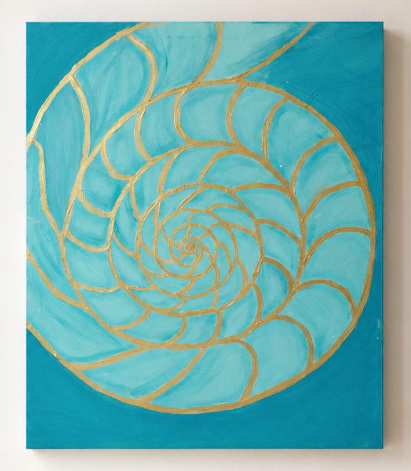 Azure Nautilus by Tarana Sumer, original acrylic and gold leaf canvas artwork with turquoise nautilus form for refined interiors.
