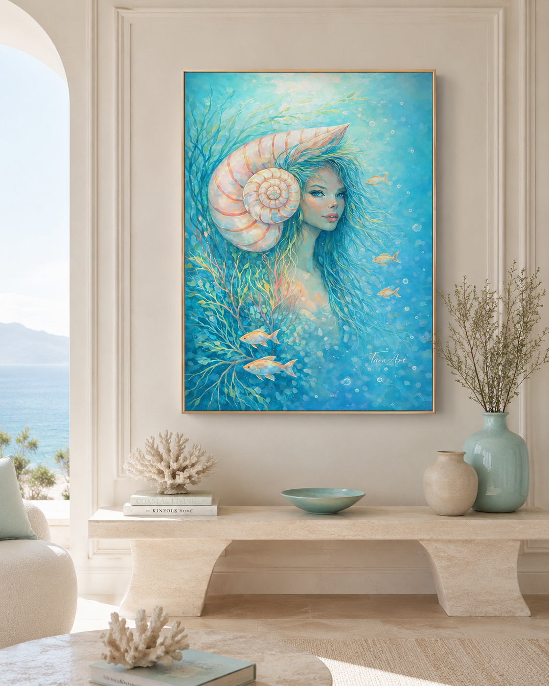 Nautilus Reverie by Tarana Sumer, limited hybrid fine art canvas print with an underwater female portrait and nautilus shell.