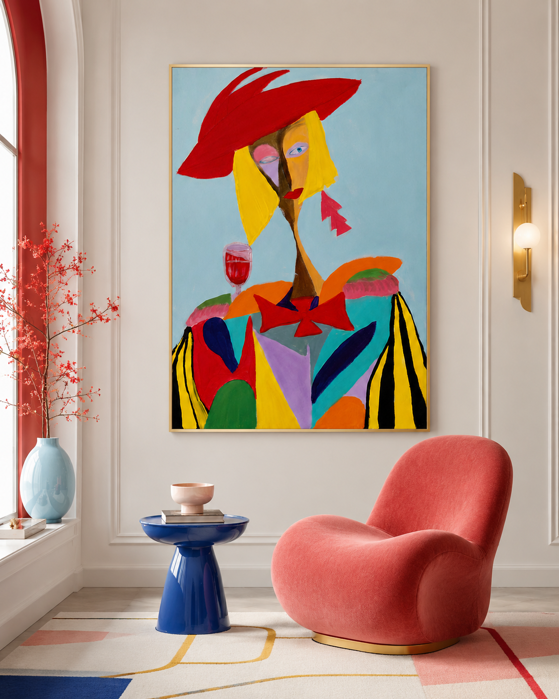 Crimson Sovereign by Tarana Sumer, original acrylic canvas artwork with bold figurative presence for refined interiors.