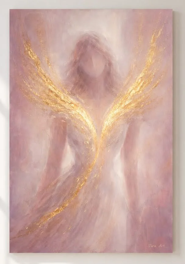 Whispers of Ascension by Tarana Sumer, limited hybrid fine art canvas print with soft pink tones and luminous gold wings.