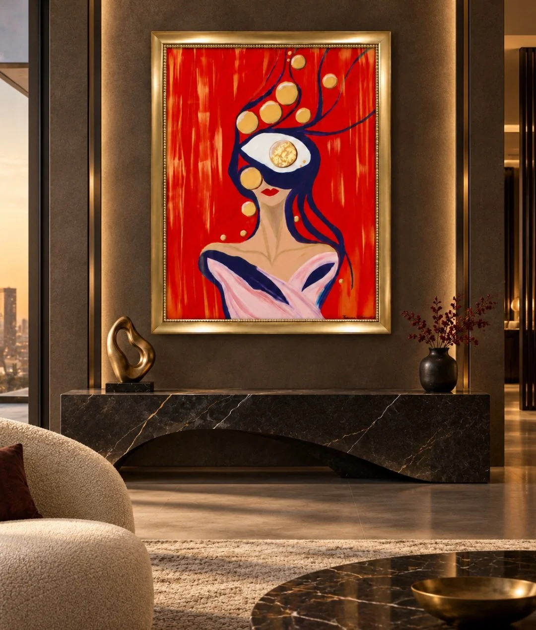 The Gilded Gaze, an original artwork by Tarana Sümer, featuring a veiled woman with a golden eye against a vivid crimson background.