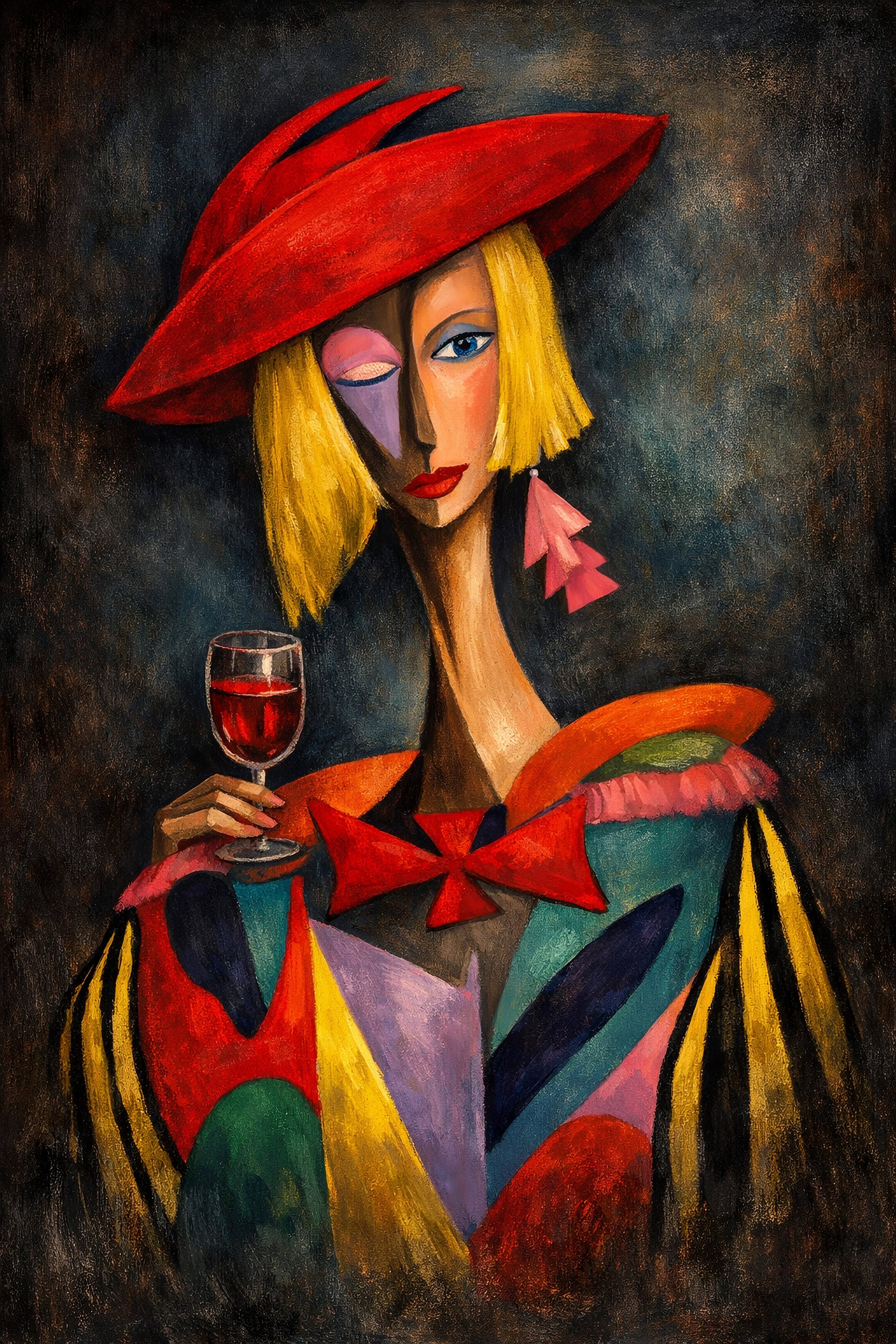 Contemporary figurative fine art painting featuring a stylized female portrait with bold red hat and architectural color structure, developed through an artist-directed hybrid fine art process for executive and luxury hospitality interiors.