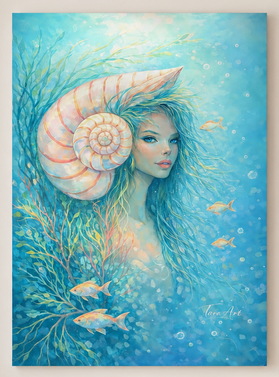 Nautilus Reverie by Tarana Sumer, limited hybrid fine art canvas print with an underwater female portrait and nautilus shell.