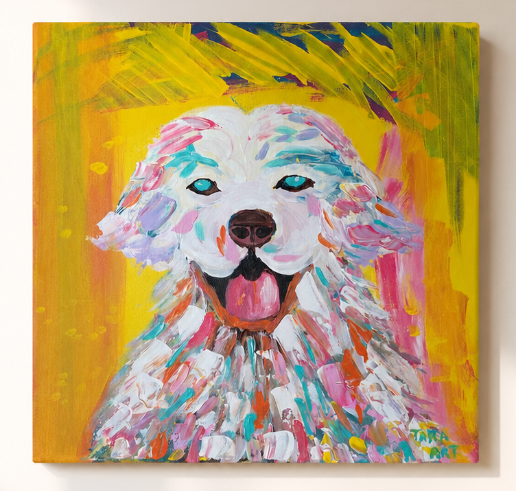 Joyful Dog by Tarana Sumer, original acrylic canvas artwork with a colourful expressive dog portrait for refined interiors.