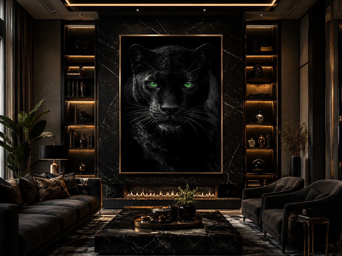 Emerald Nocturne — Panther by Tarana Sumer, limited hybrid fine art canvas print with a black panther and emerald eyes.