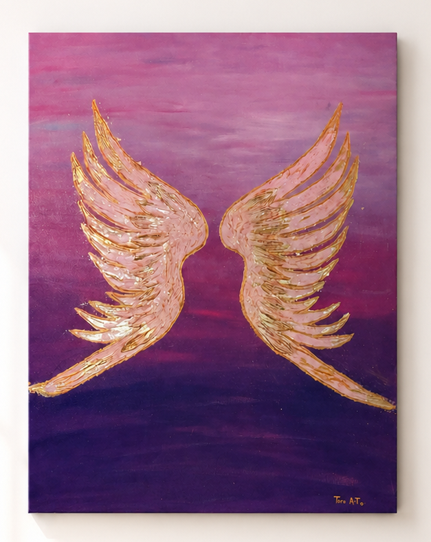 Golden Wings by Tarana Sumer, original acrylic and gold leaf canvas artwork with angel wings for refined interiors.