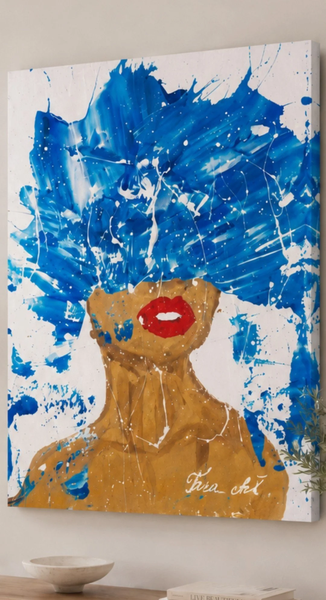 Ocean Muse by Tarana Sumer, original acrylic and gold leaf canvas artwork with a bold blue female portrait for a private collection.