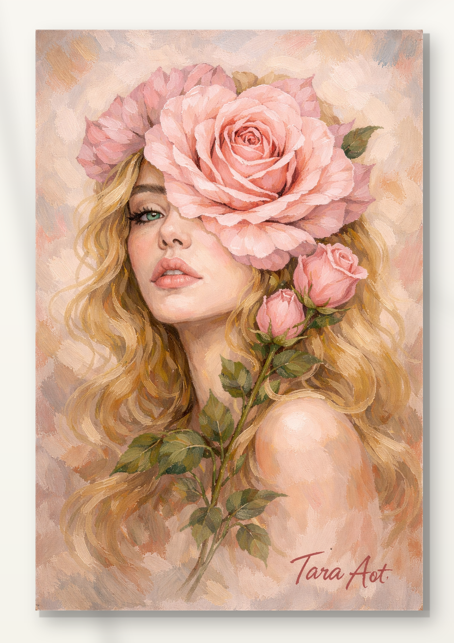 Pink Bloom Veil by Tarana Sumer, limited hybrid fine art canvas print with a soft floral female portrait for refined interiors.