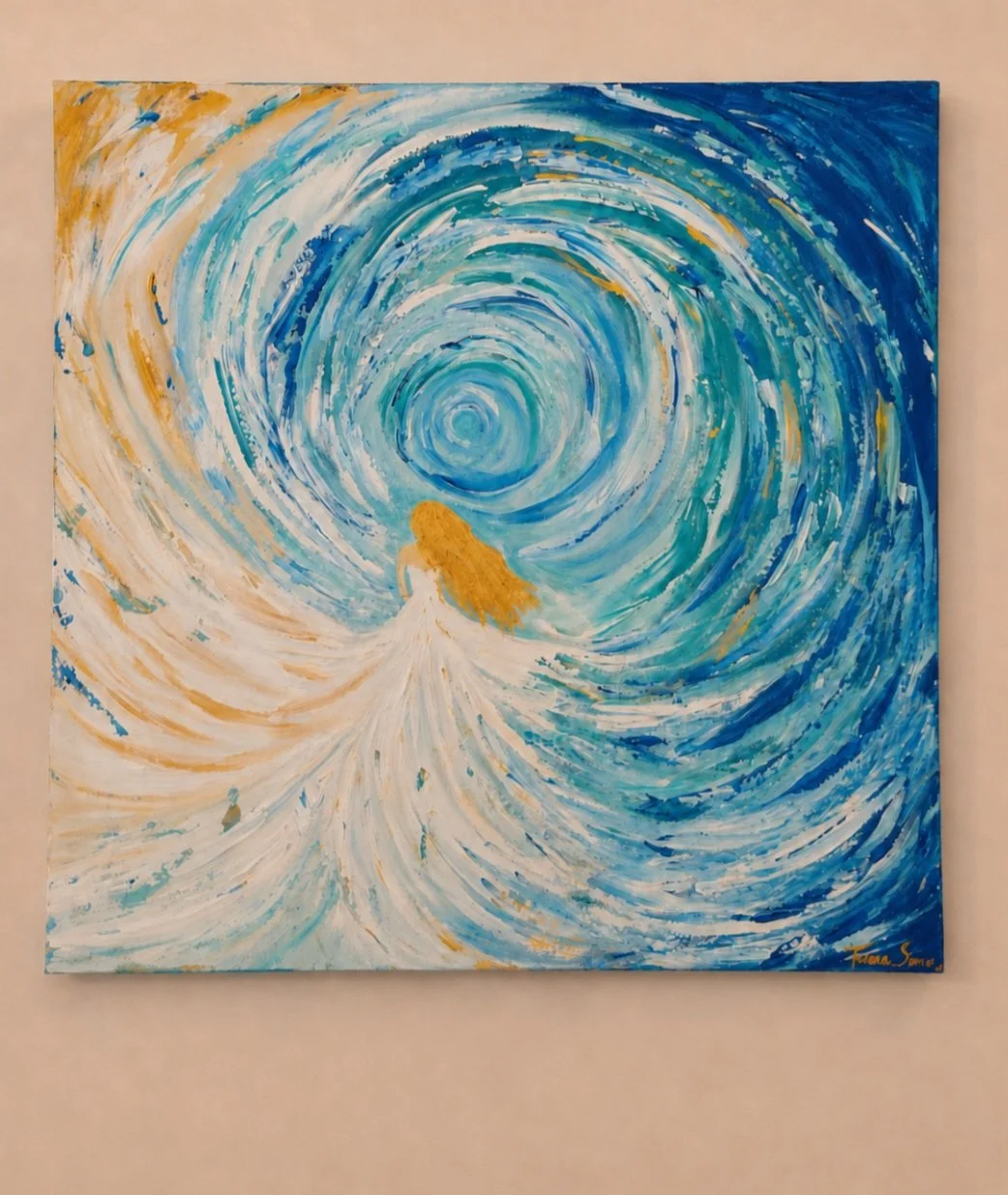 Aurelia Rising by Tarana Sumer, original 90 x 90 cm acrylic on canvas artwork displayed in a bright luxury interior.