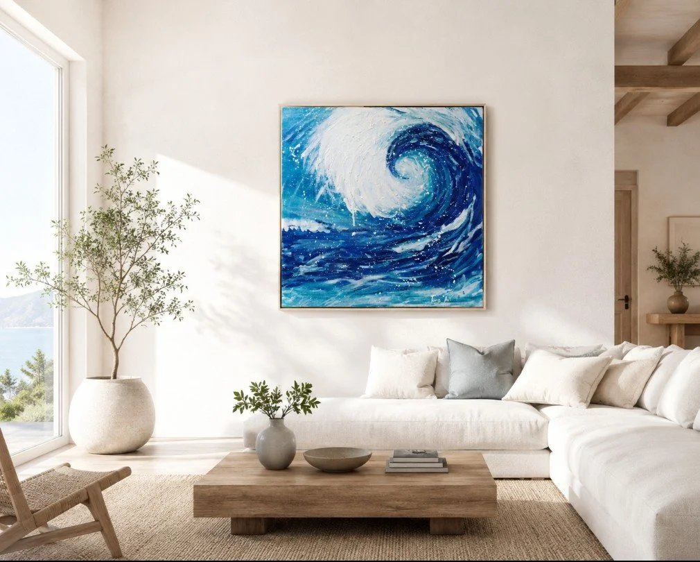 Ocean Muse by Tarana Sumer, original acrylic and gold leaf canvas artwork with a bold blue female portrait for a private collection.