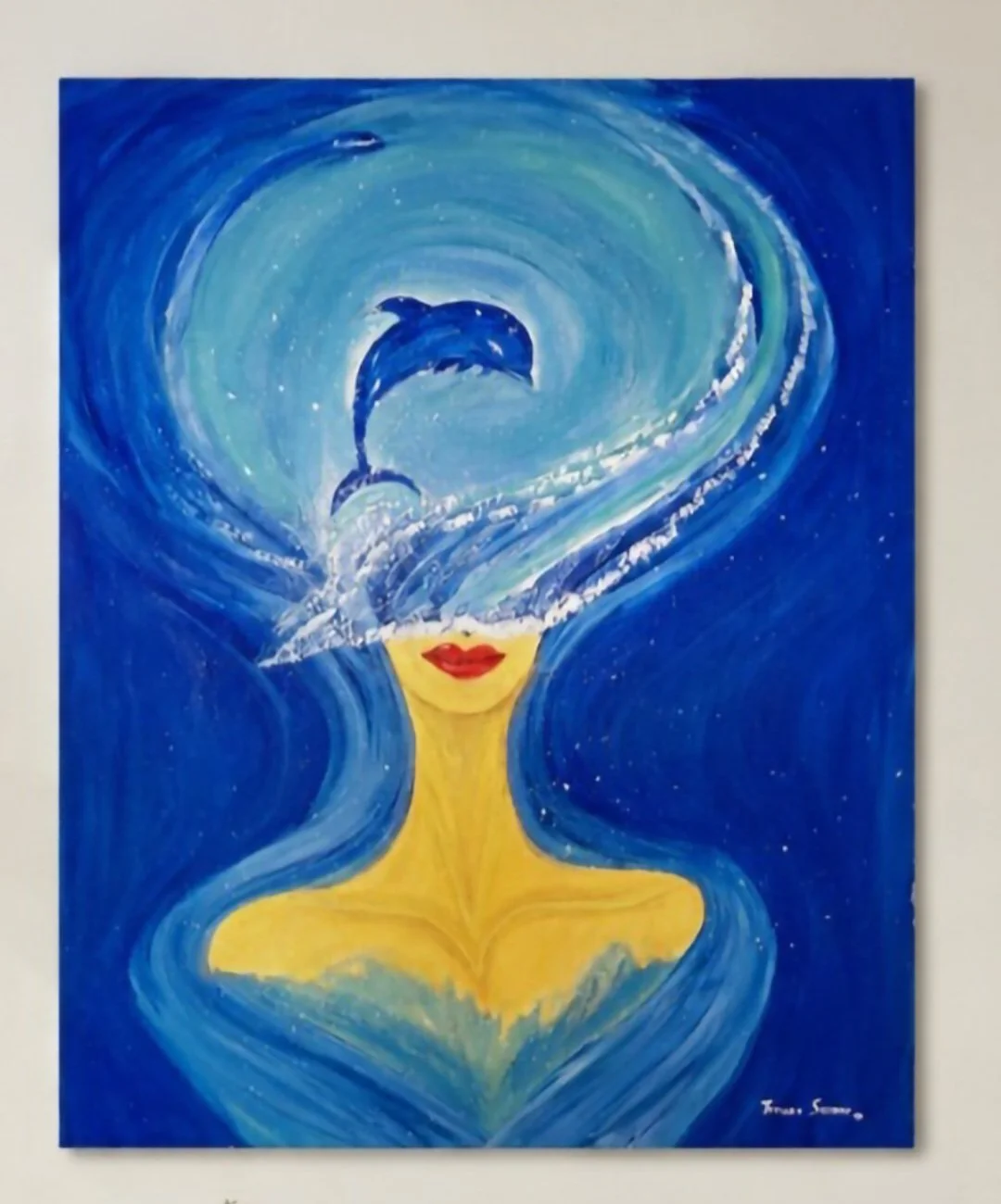 The Sea Remembers Her, an original acrylic painting by contemporary artist Tarana Sumer, displayed in a bright luxury interior.