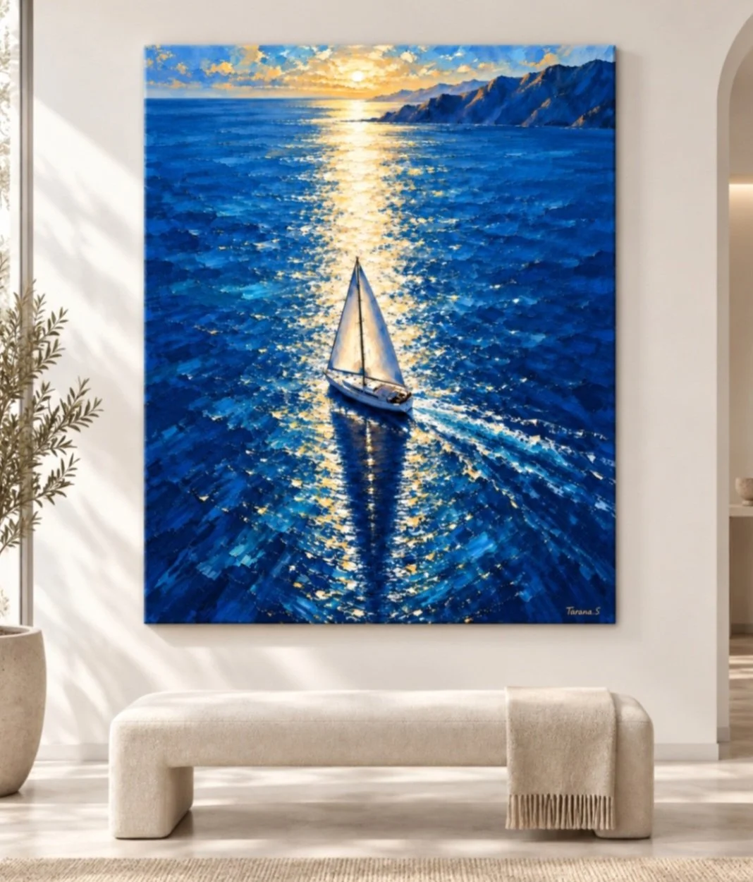 Where the Light Leads, an original 100 × 120 cm acrylic painting by Tarana Sumer, depicting a sailboat moving across a luminous blue and gold Aegean sea.