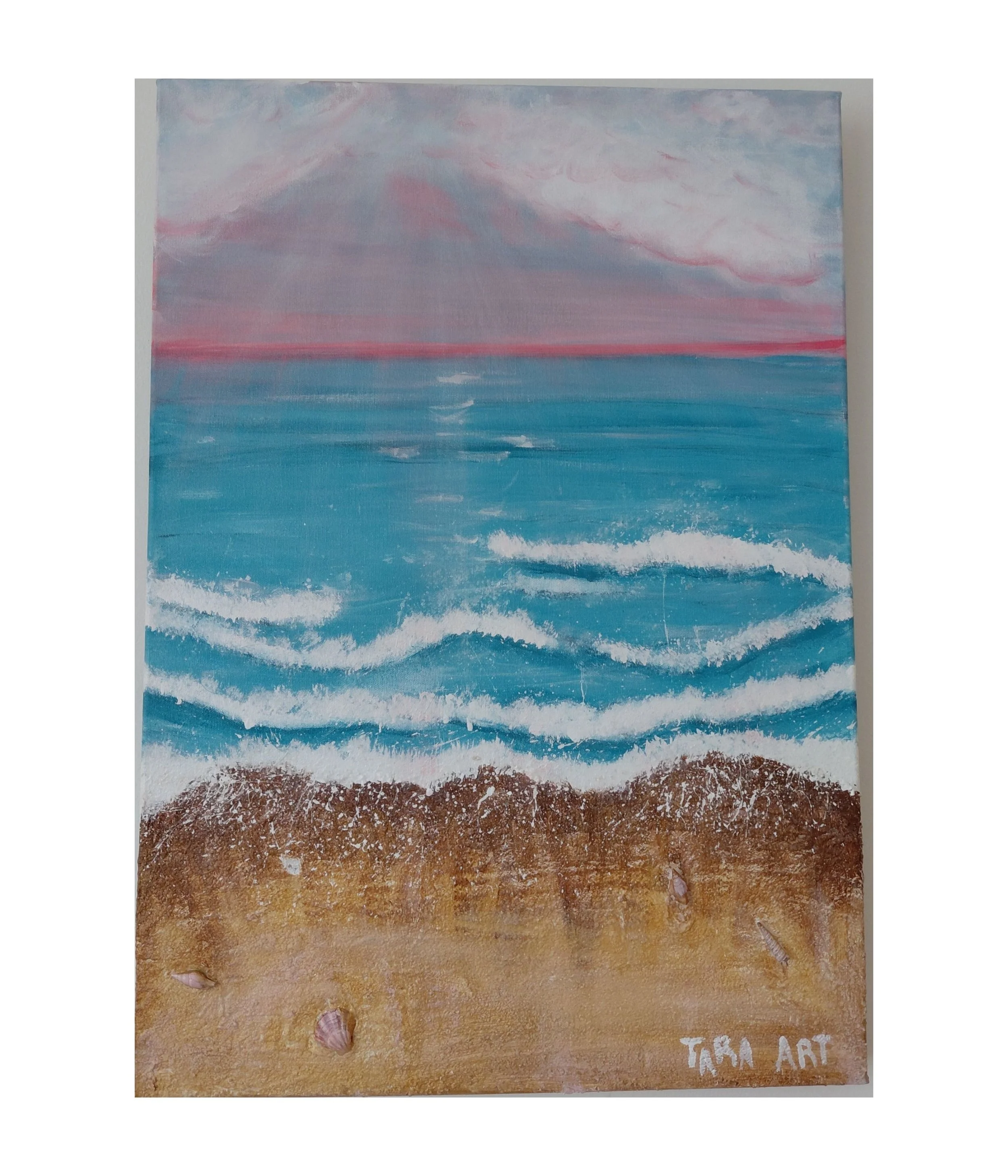 Textured mixed media seascape with real shells and turquoise waves, contemporary acrylic artwork by Tarana Sümer.