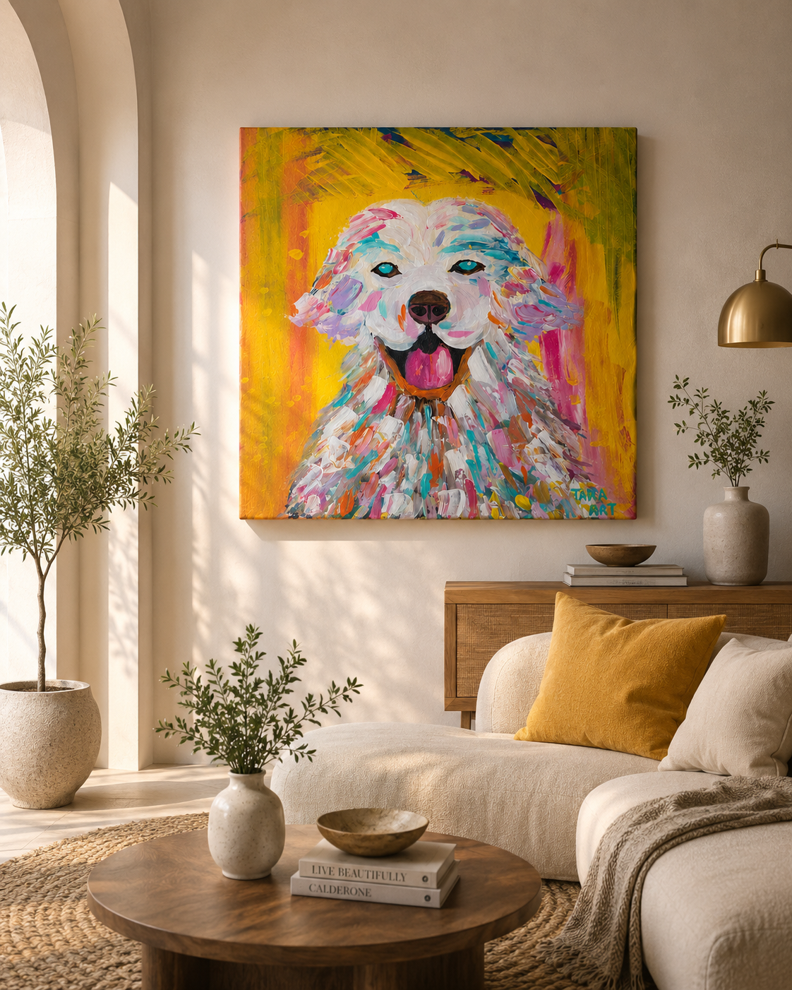 Joyful Dog by Tarana Sumer, original acrylic canvas artwork with a colourful expressive dog portrait for refined interiors.