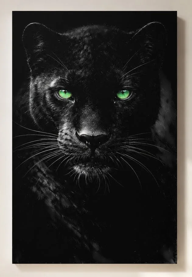 Emerald Nocturne — Panther by Tarana Sumer, limited hybrid fine art canvas print with a black panther and emerald eyes.