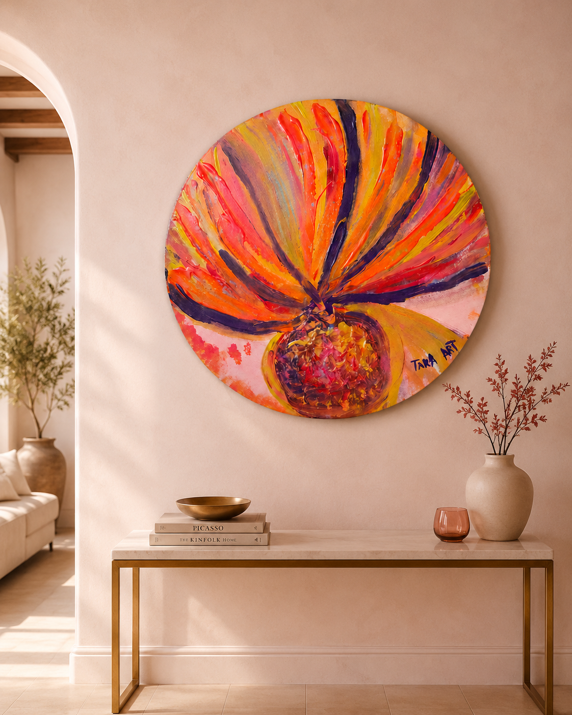 Solar Bloom by Tarana Sumer, original acrylic round canvas artwork with vibrant floral energy for refined interiors.