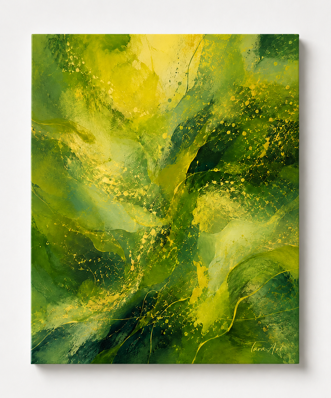 Verdant Pulse by Tarana Sumer, original acrylic and gold leaf canvas artwork with green abstract movement for refined interiors.