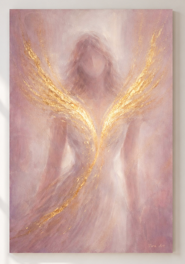 Whispers of Ascension by Tarana Sumer, limited hybrid fine art canvas print with luminous gold wings for refined interiors.