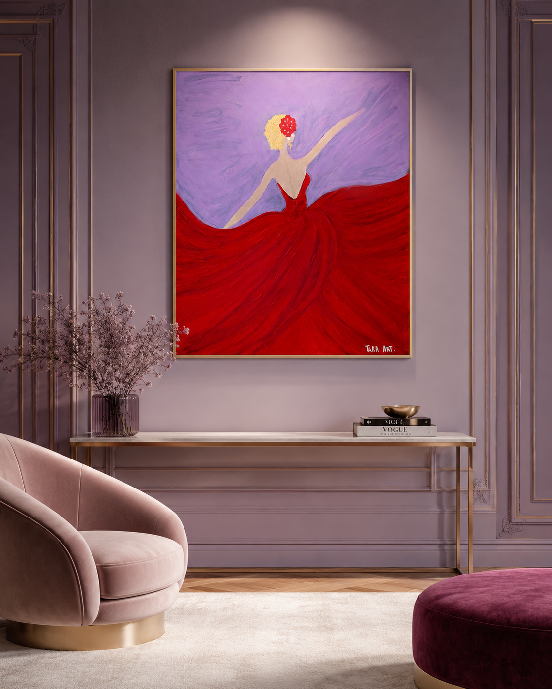 Woman in Red by Tarana Sumer, original acrylic canvas artwork with a crimson female figure for refined interiors.