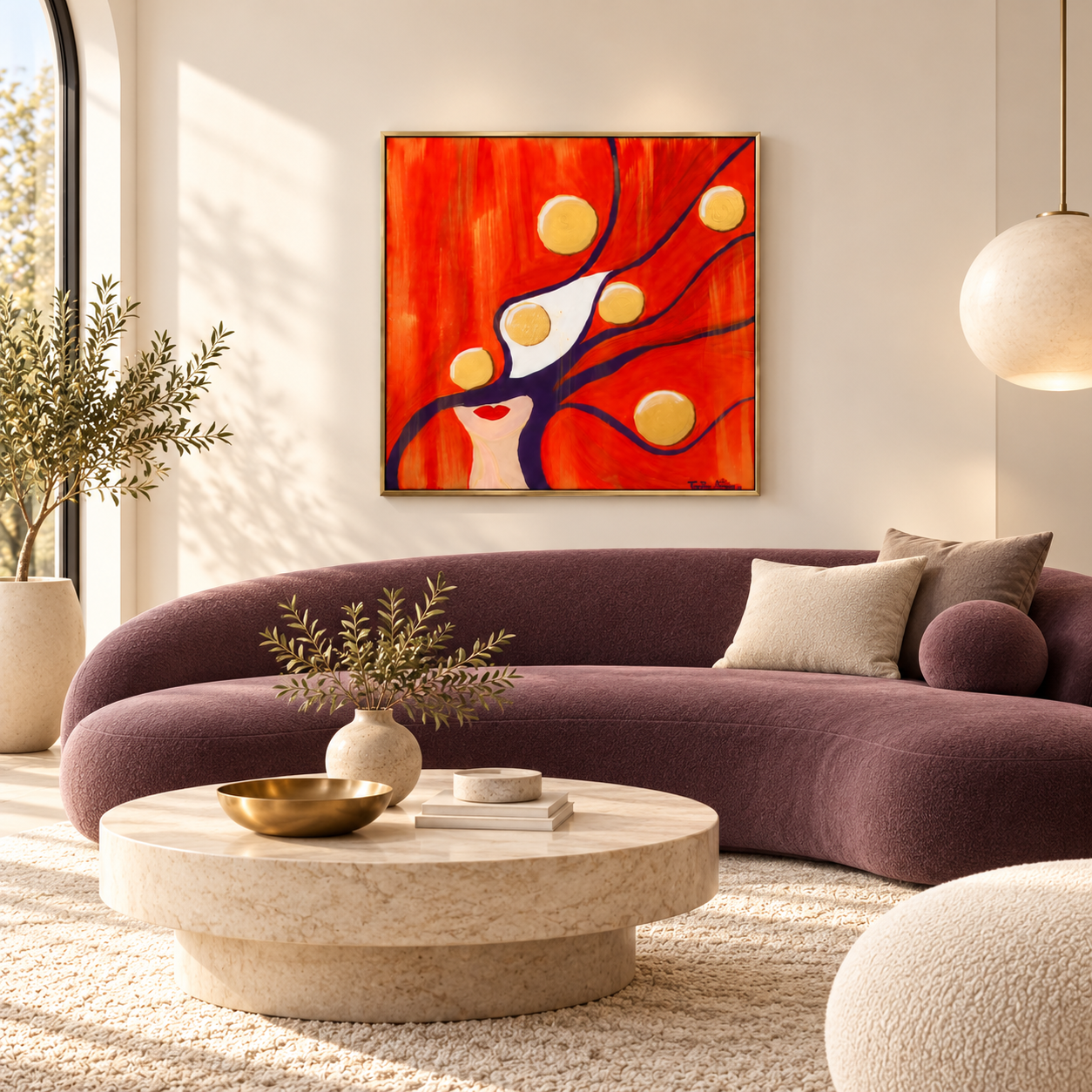 Veiled Vision by Tarana Sümer, contemporary portrait artwork of a woman framed by flowing purple forms and golden circles against a vivid crimson background.